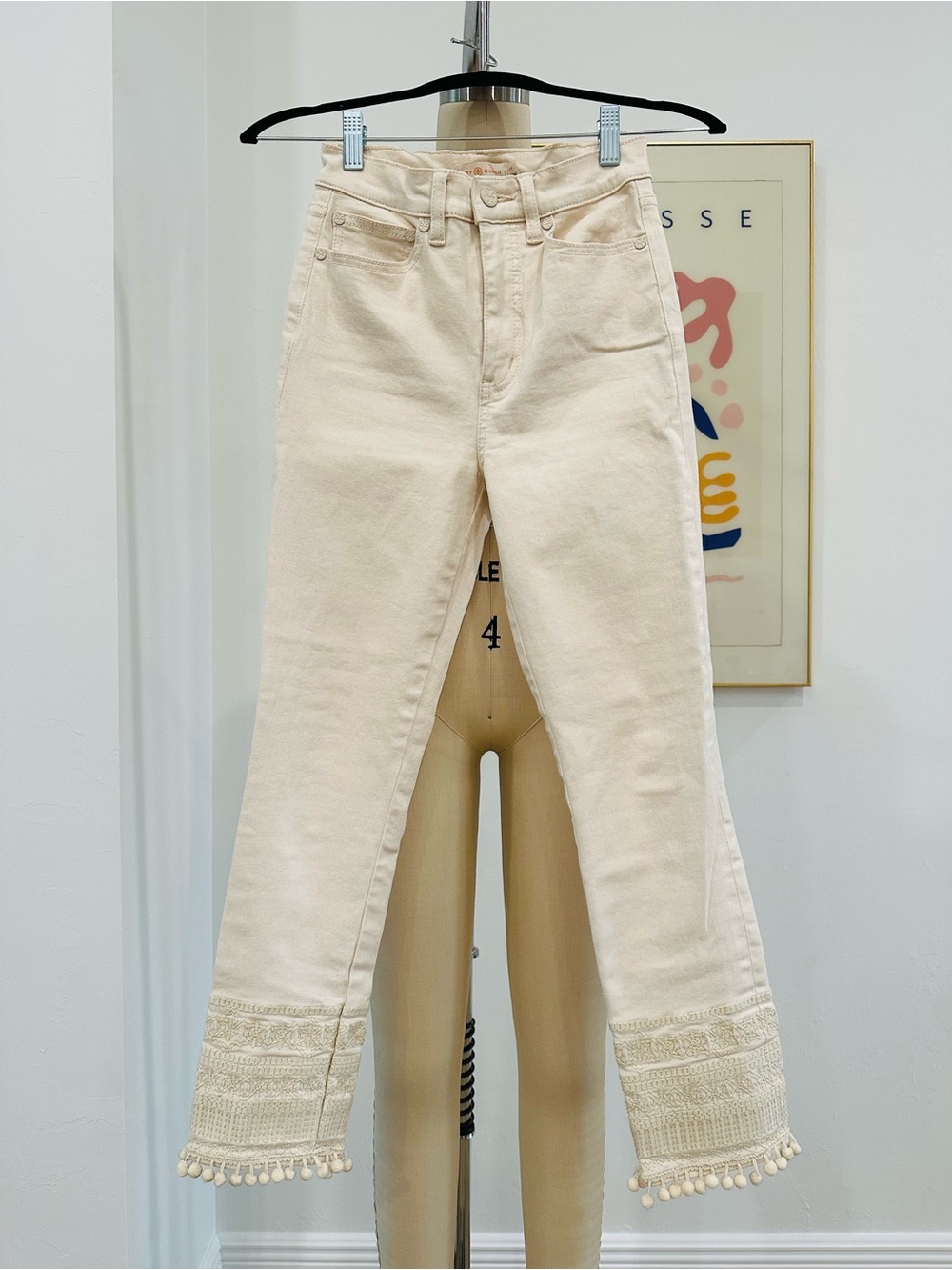 Tory Burch Cream High-Waist Jeans with Embroidered Hem